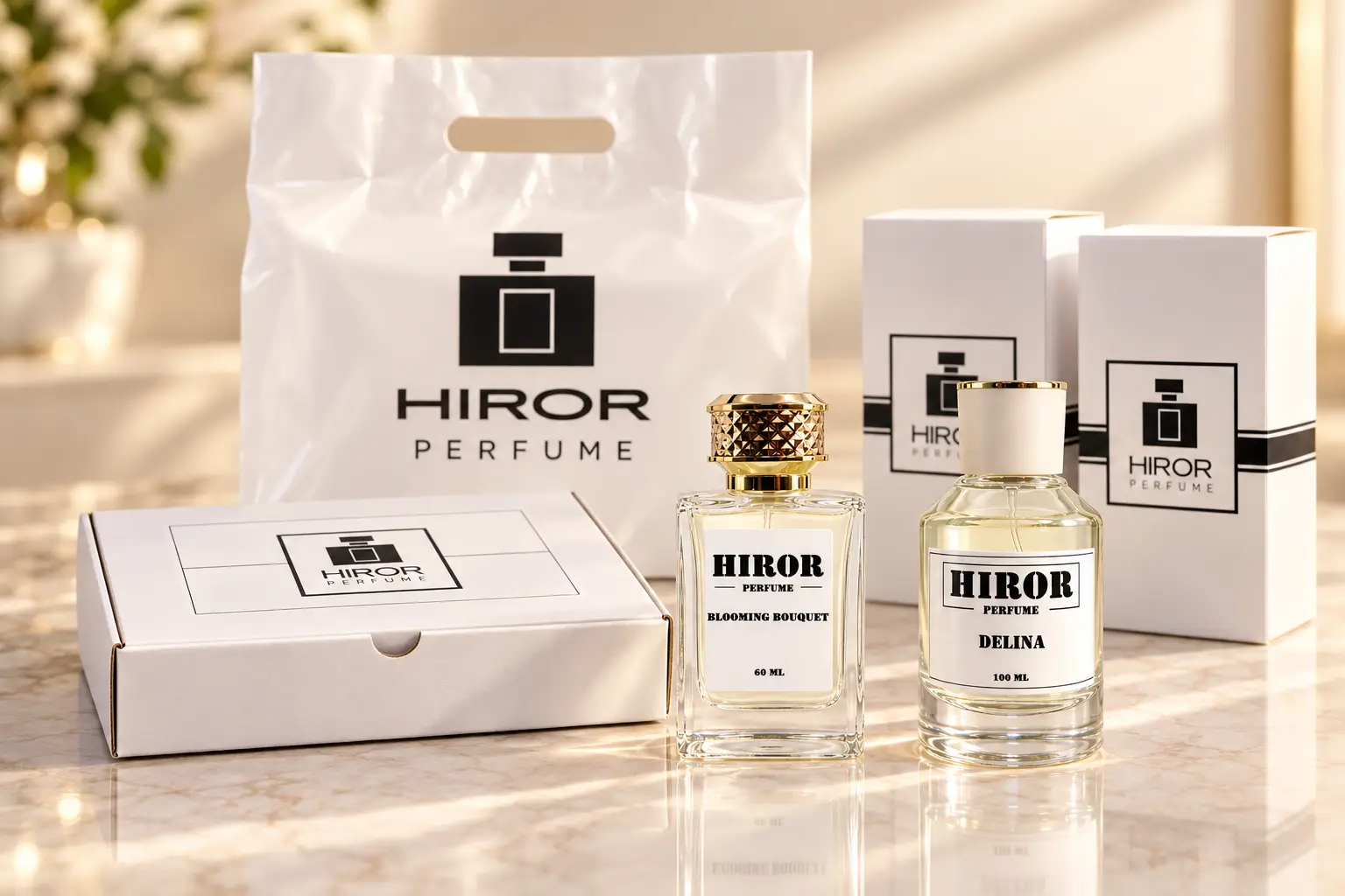 عبوتا عطر هيرور مع بوكس التغليف الأبيض والكيس والعلب التي تحمل شعار هيرور